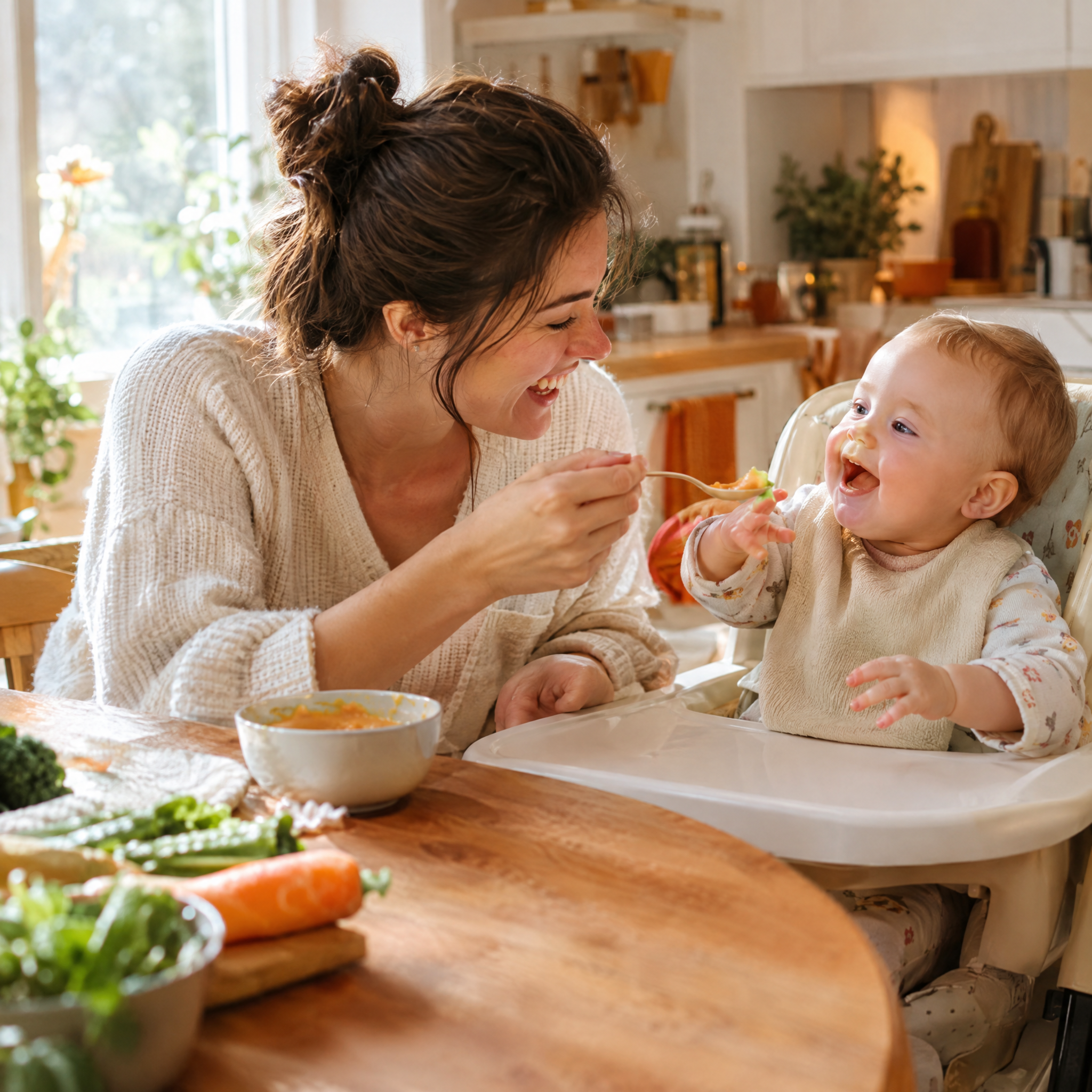 Accueil Maman heureuse qui nourrit son bébé souriant pendant la diversification alimentaire