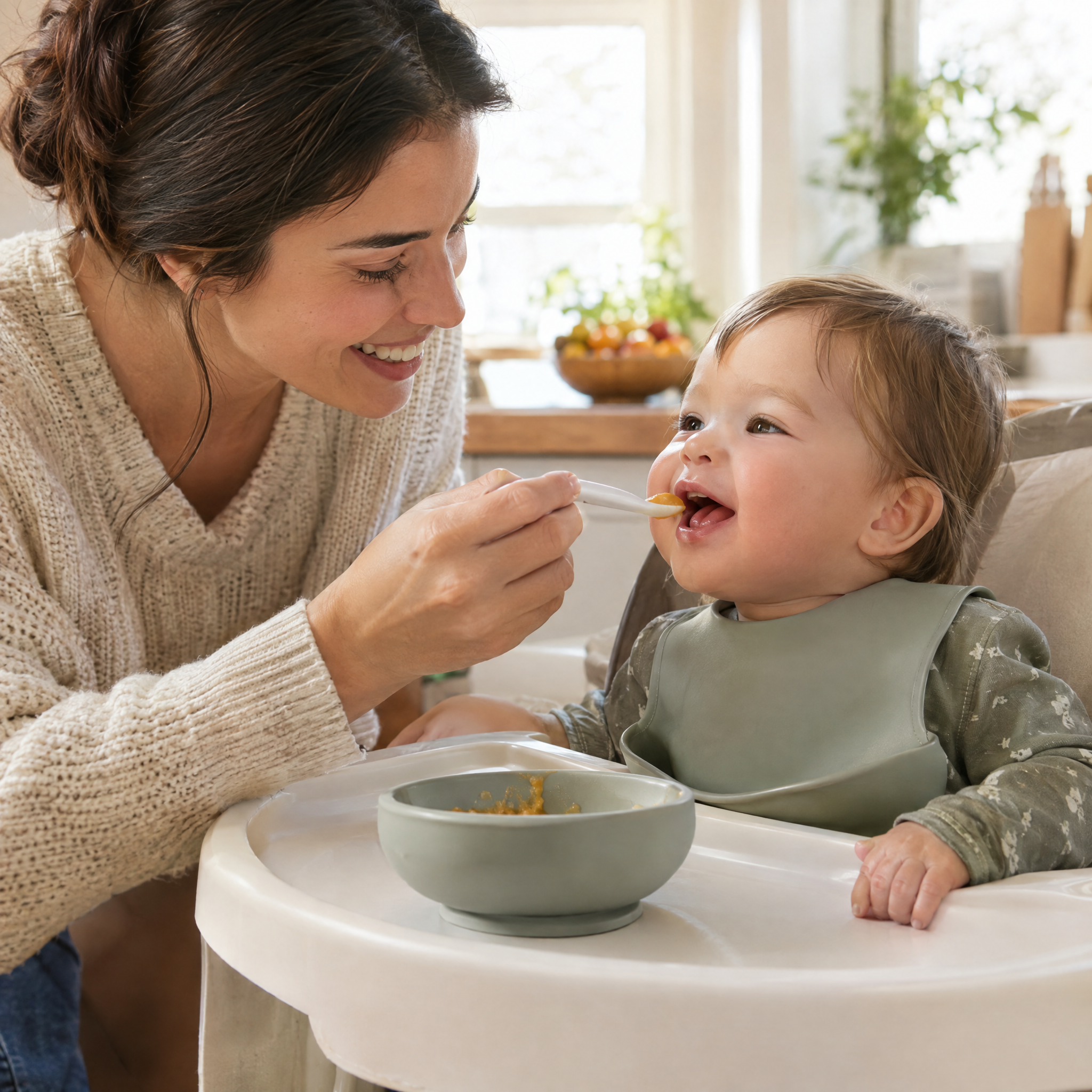 Accueil Bébé souriant goûtant une cuillère de nourriture sous le regard attentif et rassurant de sa maman