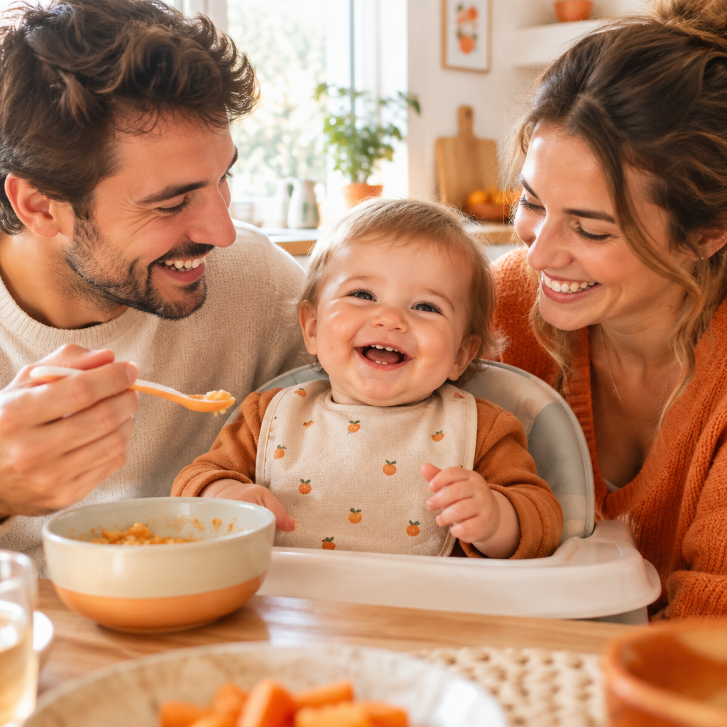 Pack Diversification Papa, maman et bébé heureux qui mangent ensemble à table